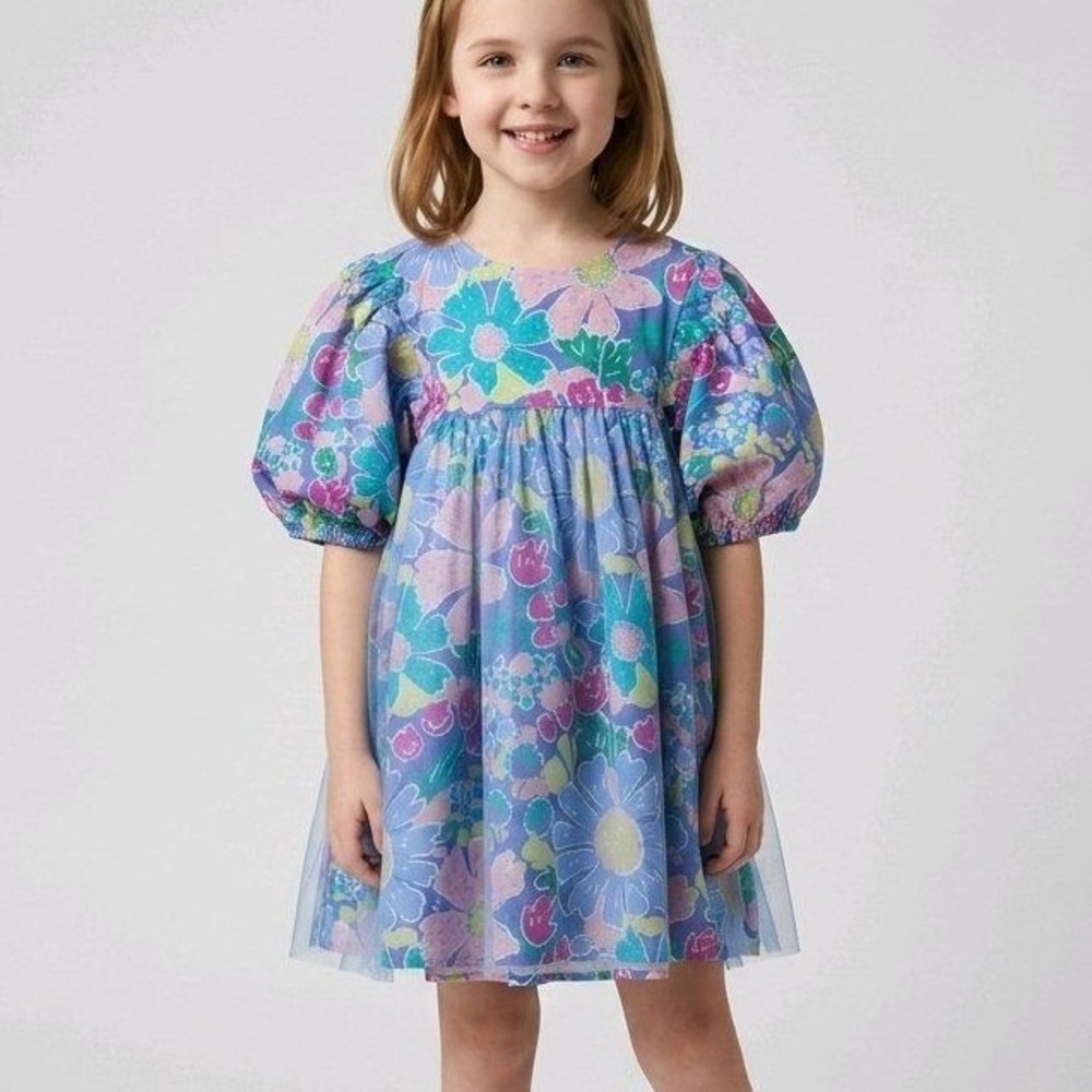Finding Foxtale Dress Blue Floral Tulle Overlay Puff Sleeve Whimsical Size 6